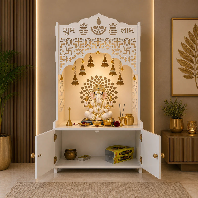 Shubh Labh Engraving White Wooden Floor Cabinet Home Temple