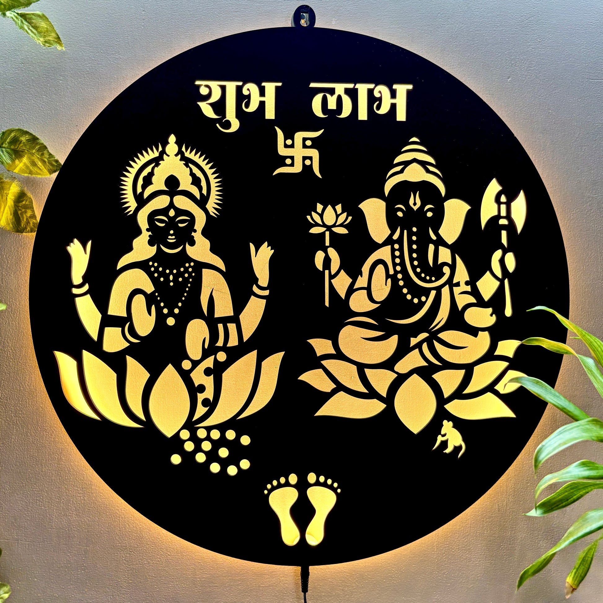 Shubh Labh Lakshmi Ganesh LED Wall Hanging for Wall Decor