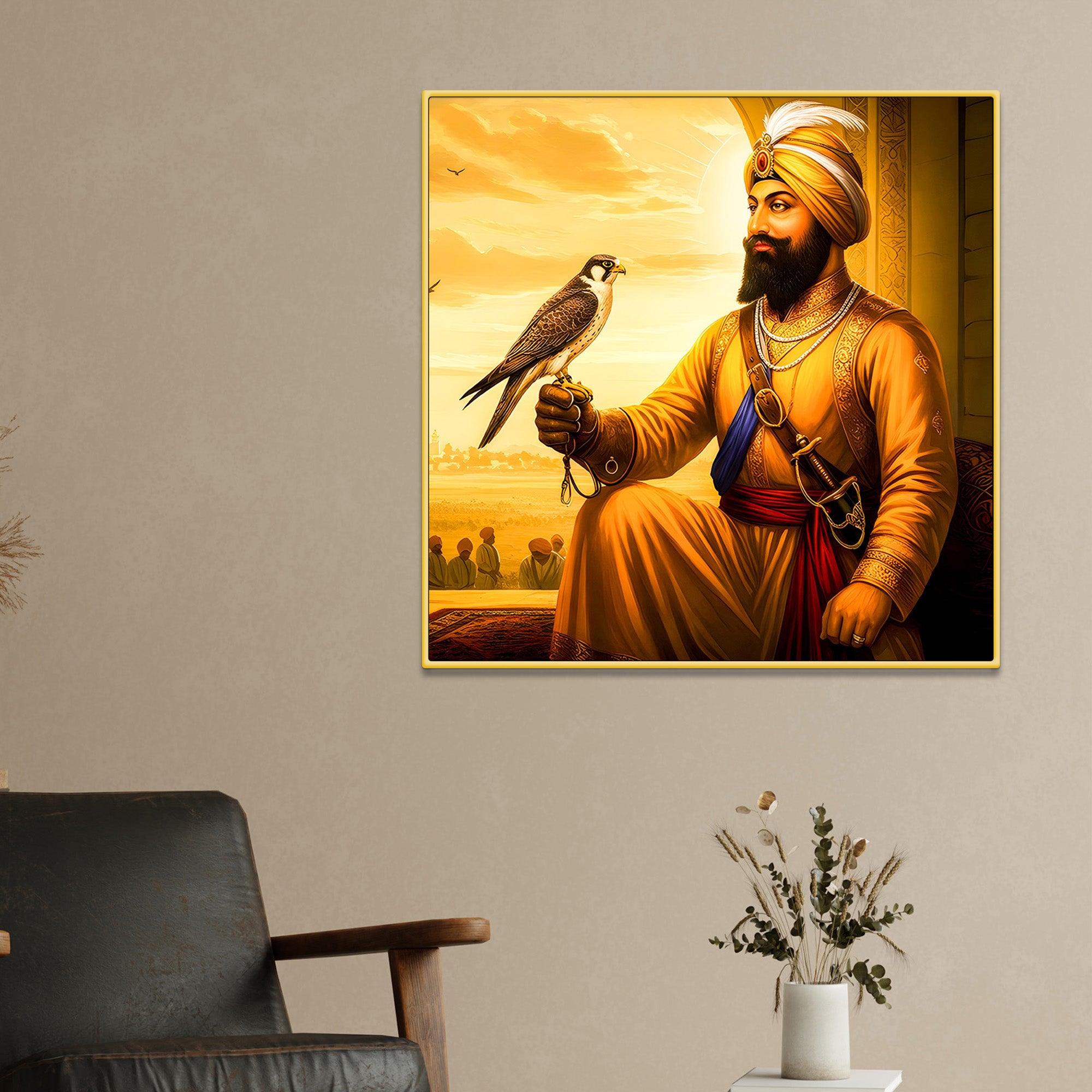 Sikh Warrior with Bird Painting Premium Wall Art for Home