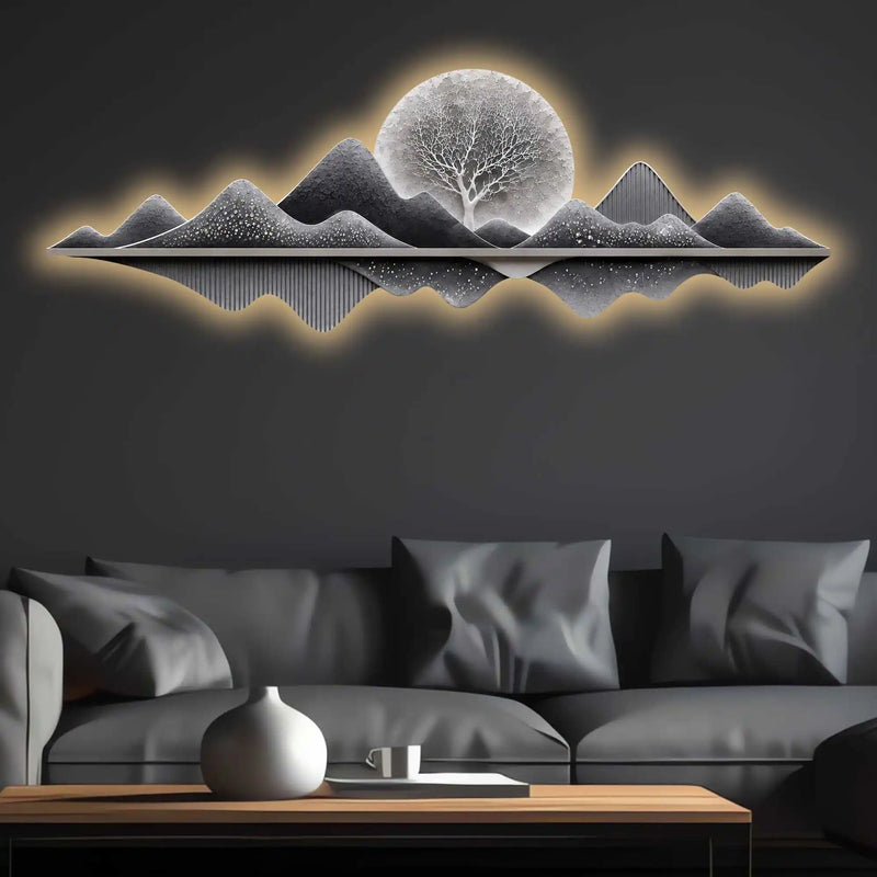 Silver Moon Mountain Reflection Premium Crystal Glass Backlit LED Painting