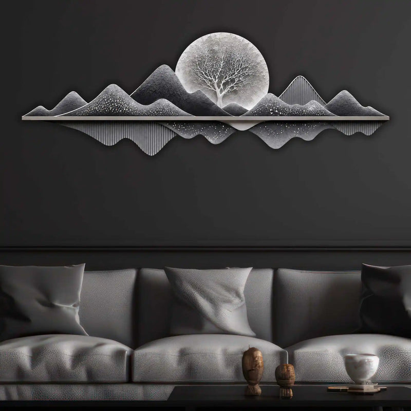 Silver Moon Mountain Reflection Premium Crystal Glass Backlit LED Painting