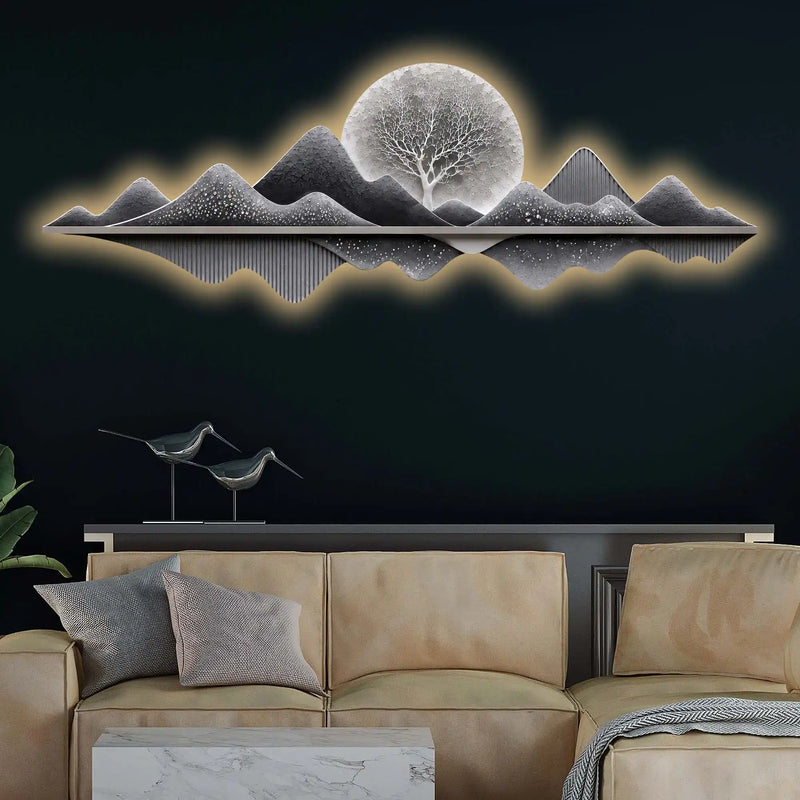 Silver Moon Mountain Reflection Premium Crystal Glass Backlit LED Painting