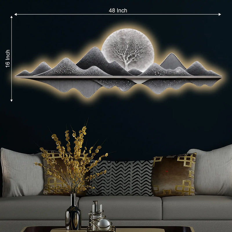 Silver Moon Mountain Reflection Premium Crystal Glass Backlit LED Painting