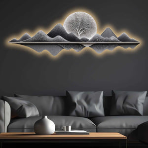 Silver Moon Mountain Reflection Premium Crystal Glass Backlit LED Wall Art