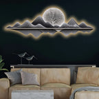 Silver Moon Mountain Reflection Premium Crystal Glass Backlit LED Wall Art