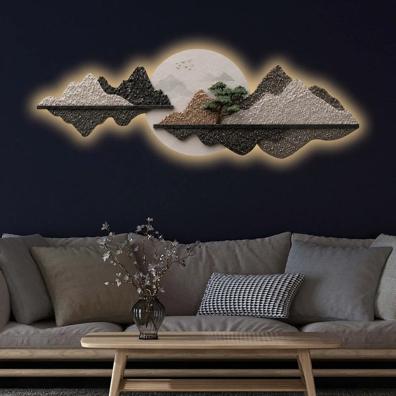 Silver Pine Mountain Reflection Premium Crystal Glass Backlit LED Wall Art