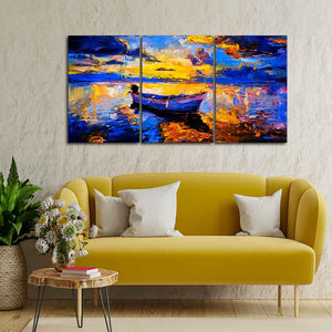 Sky Sunset and Boat on the Water 3 Pieces Canvas Wall Painting