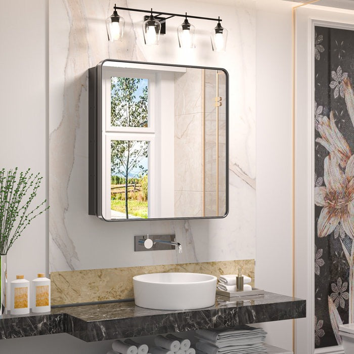 Sleek Black Edge Mirror Cabinet with Storage Shelves