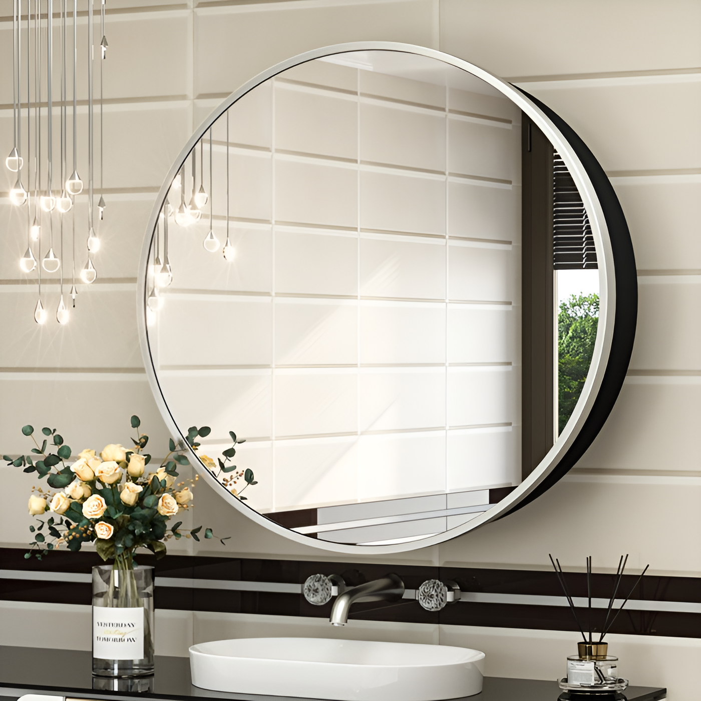 Sleek Black Edge Round Mirror Cabinet for Bathroom or Dressing Area
