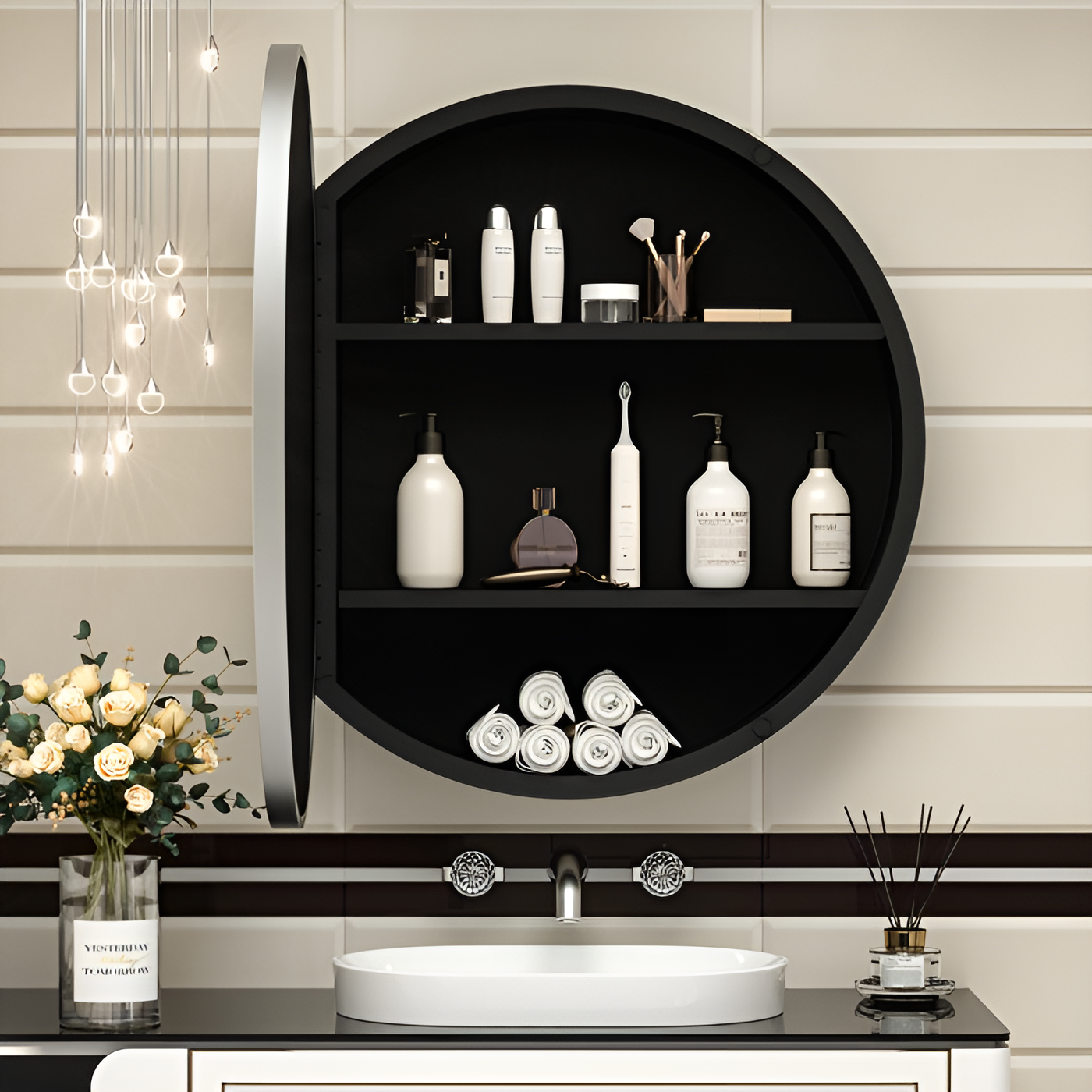 Sleek Black Edge Round Mirror Cabinet for Bathroom or Dressing Area