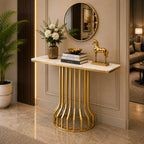 Sleek Black Marble Console Table with Gold Vertical Bar Base