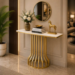 Sleek Black Marble Console Table with Gold Vertical Bar Base