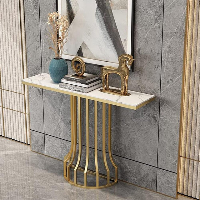 Sleek Black Marble Console Table with Gold Vertical Bar Base