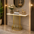 Sleek Black Marble Console Table with Gold Vertical Bar Base