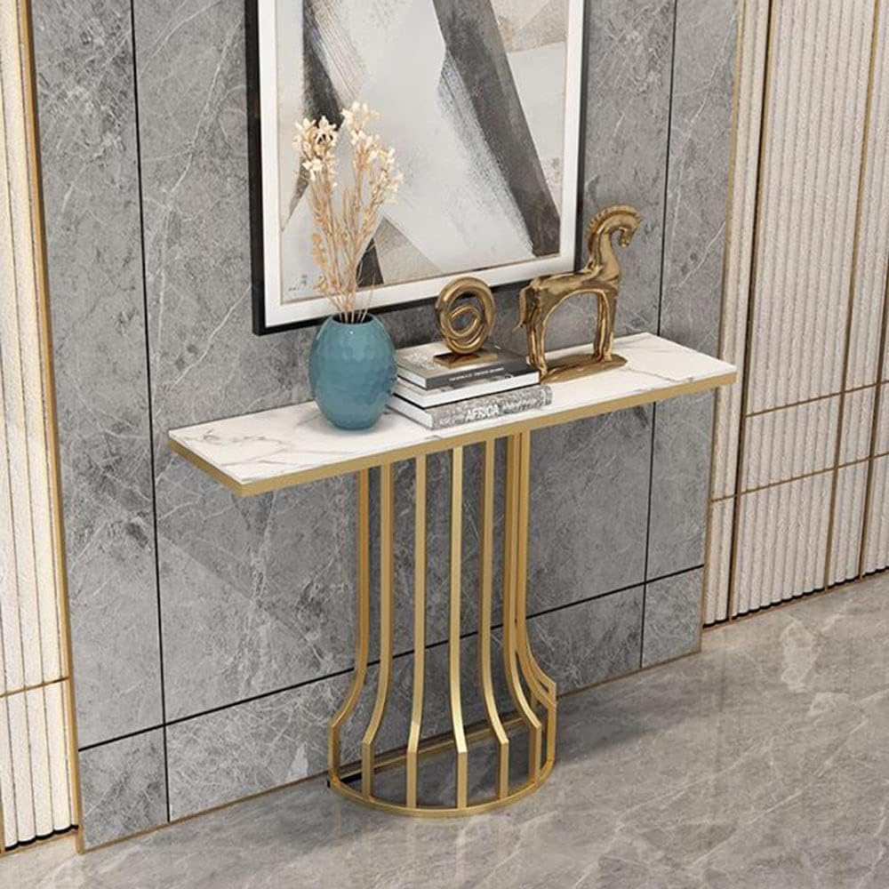 Sleek Black Marble Console Table with Gold Vertical Bar Base