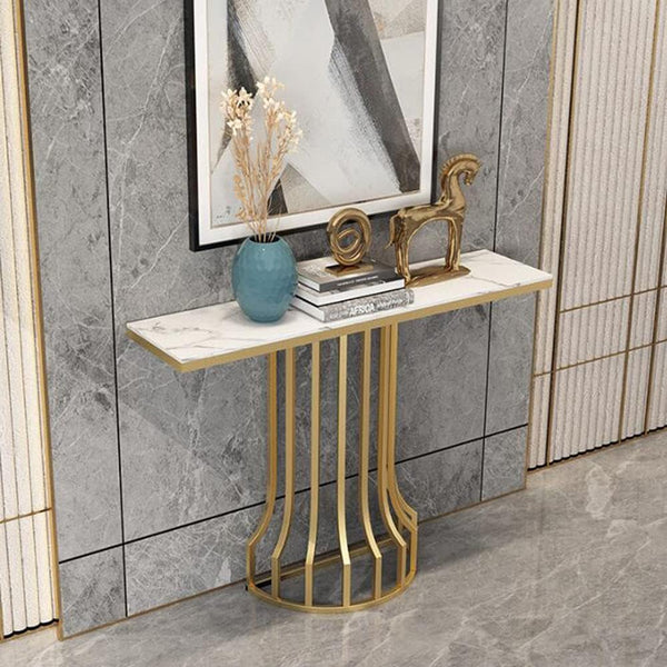 Sleek Black Marble Console Table with Gold Vertical Bar Base
