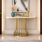 Sleek Black Marble Console Table with Gold Vertical Bar Base