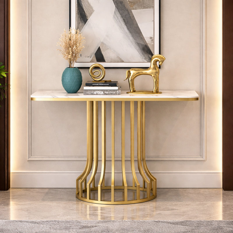 Sleek Black Marble Console Table with Gold Vertical Bar Base