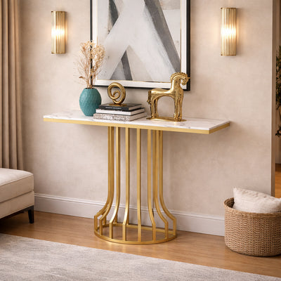 Sleek Black Marble Console Table with Gold Vertical Bar Base