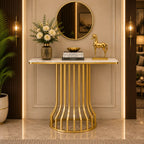 Sleek Black Marble Console Table with Gold Vertical Bar Base