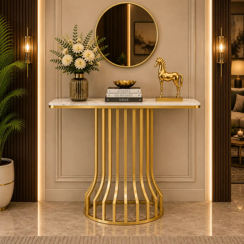 Sleek Black Marble Console Table with Gold Vertical Bar Base