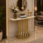 Sleek Black Marble Console Table with Gold Vertical Bar Base
