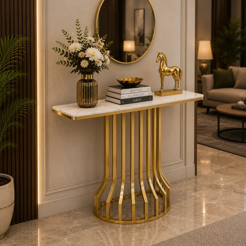 Sleek Black Marble Console Table with Gold Vertical Bar Base