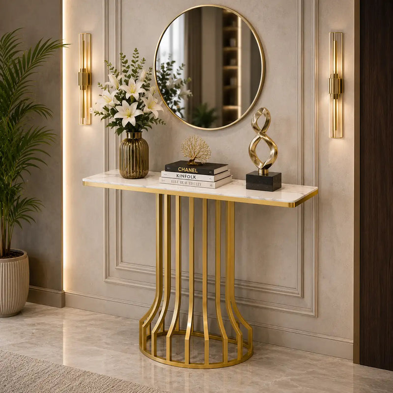 Sleek Black Marble Console Table with Gold Vertical Bar Base