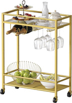 Sleek Gold Bar Cart Trolley with Wine Bottle & Glass Racks