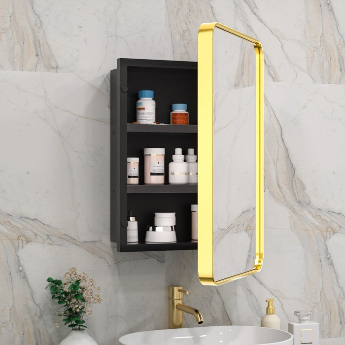 Sleek Golden Edge Mirror Cabinet with Storage Shelves
