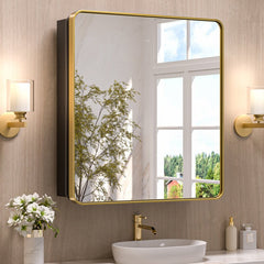 Sleek Golden Edge Mirror Cabinet with Storage Shelves