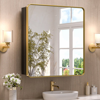 Sleek Golden Edge Mirror Cabinet with Storage Shelves