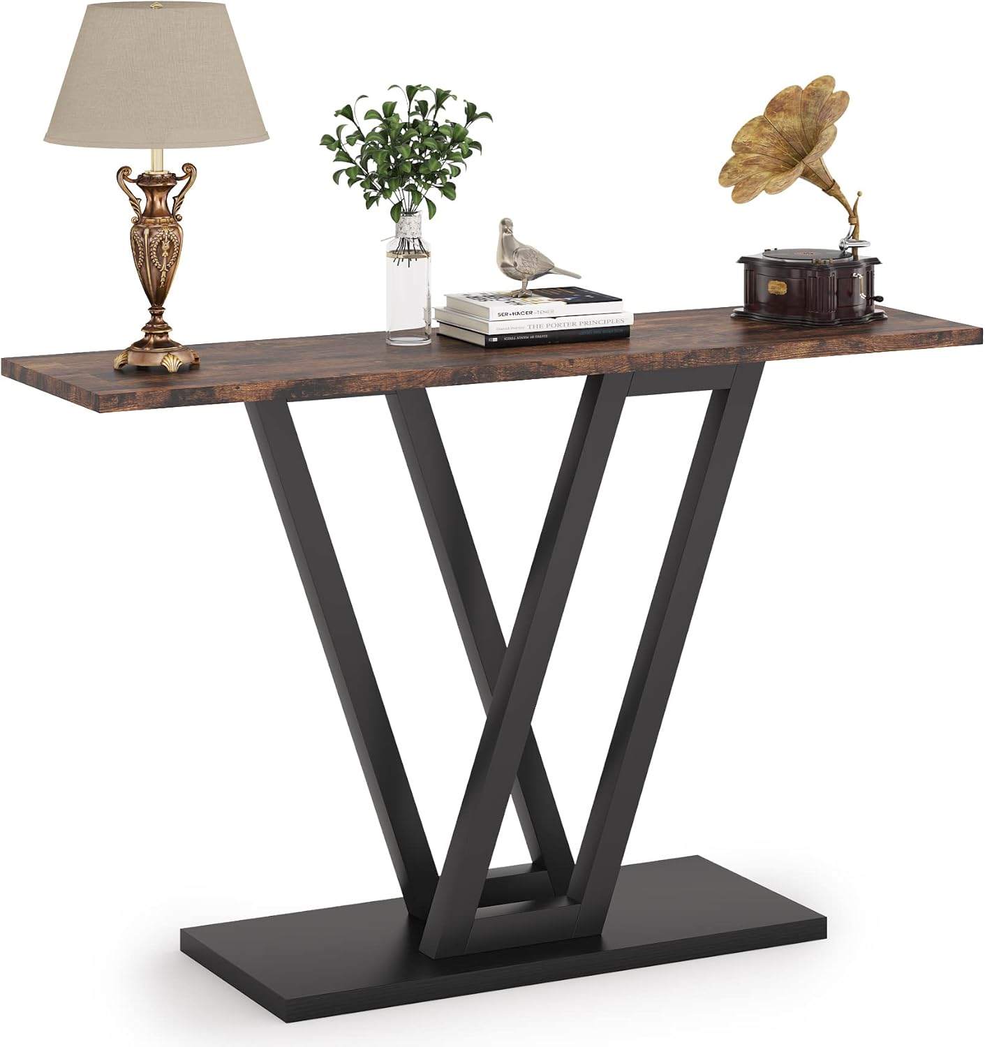 Sleek Industrial Console Table with Matte Black Frame and Wood Top