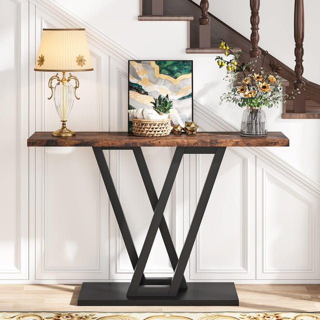 Sleek Industrial Console Table with Matte Black Frame and Wood Top