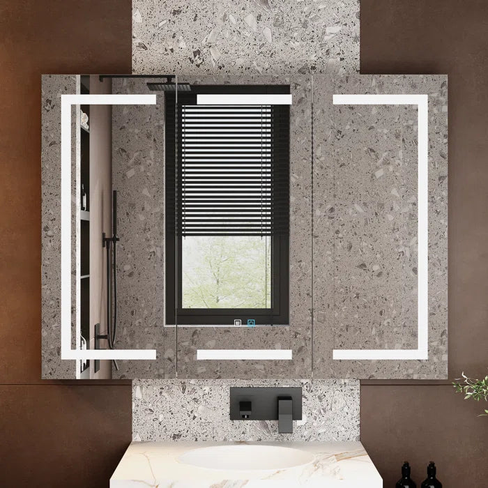 Sleek LED Mirror Cabinet with Tri-Fold Doors and Interior Storage
