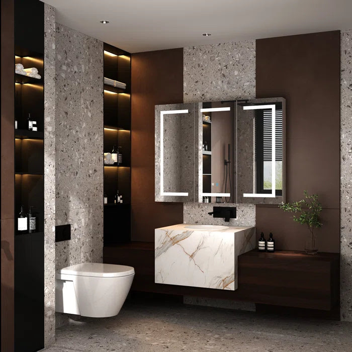 Sleek LED Mirror Cabinet with Tri-Fold Doors and Interior Storage
