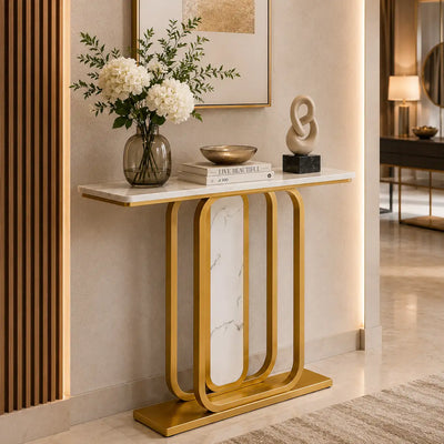 Sleek Marble Console Featuring White Marble and Gold Rectangle Frame