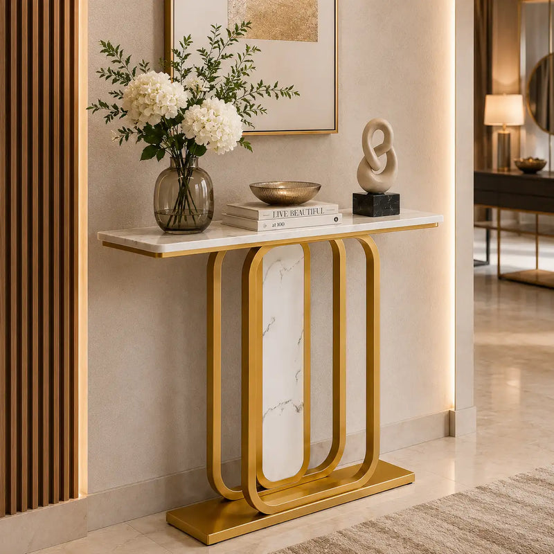 Sleek Marble Console Featuring White Marble and Gold Rectangle Frame