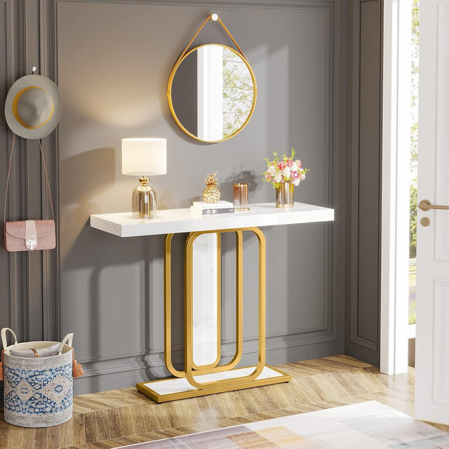 Sleek Marble Console Featuring White Marble and Gold Rectangle Frame