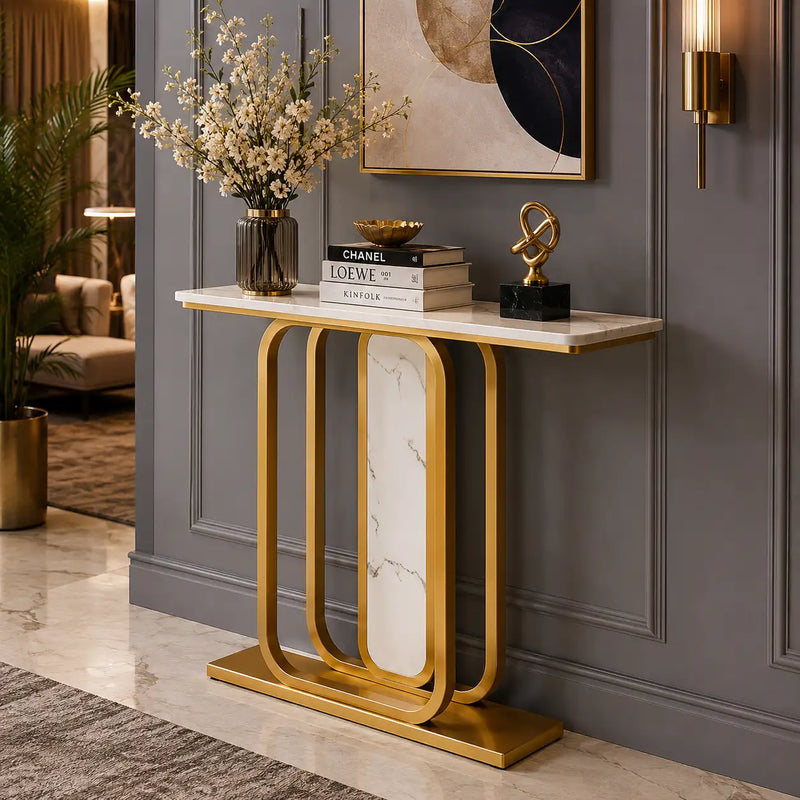Sleek Marble Console Featuring White Marble and Gold Rectangle Frame