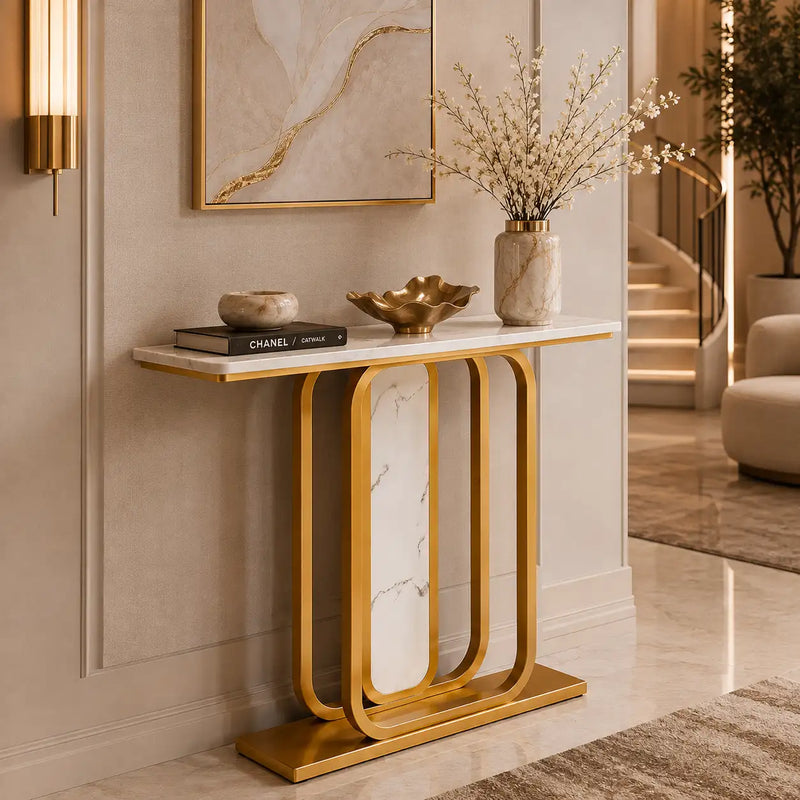 Sleek Marble Console Featuring White Marble and Gold Rectangle Frame