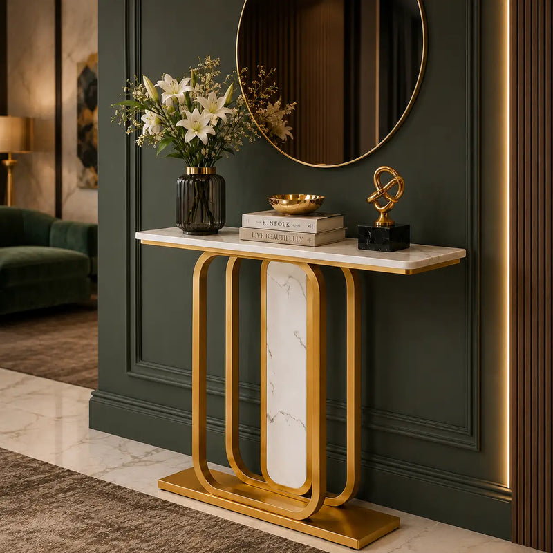 Sleek Marble Console Featuring White Marble and Gold Rectangle Frame