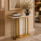 Sleek Marble Console Featuring White Marble and Gold Rectangle Frame