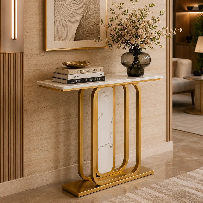 Sleek Marble Console Featuring White Marble and Gold Rectangle Frame