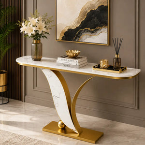 Sleek Marble Console Table with Unique Curved Gold Legs