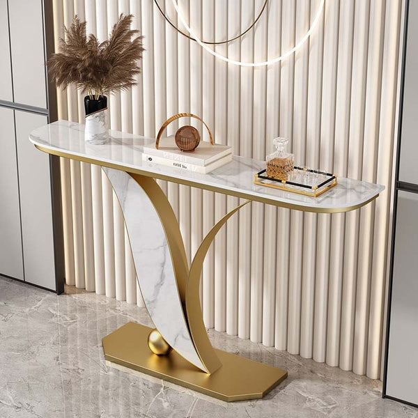 Sleek Marble Console Table with Unique Curved Gold Legs