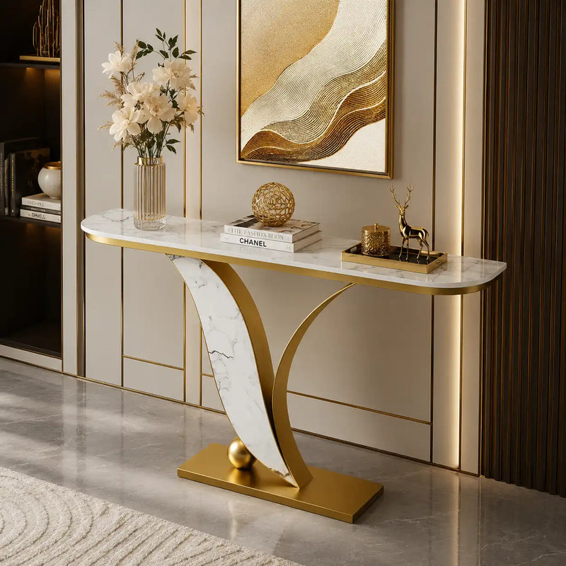 Sleek Marble Console Table with Unique Curved Gold Legs