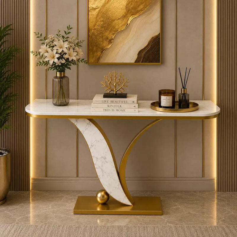 Sleek Marble Console Table with Unique Curved Gold Legs