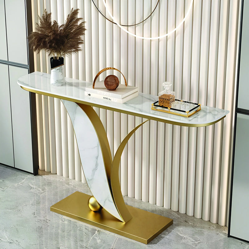 Sleek Marble Console Table with Unique Curved Gold Legs