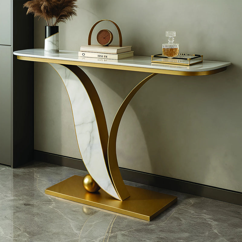 Sleek Marble Console Table with Unique Curved Gold Legs